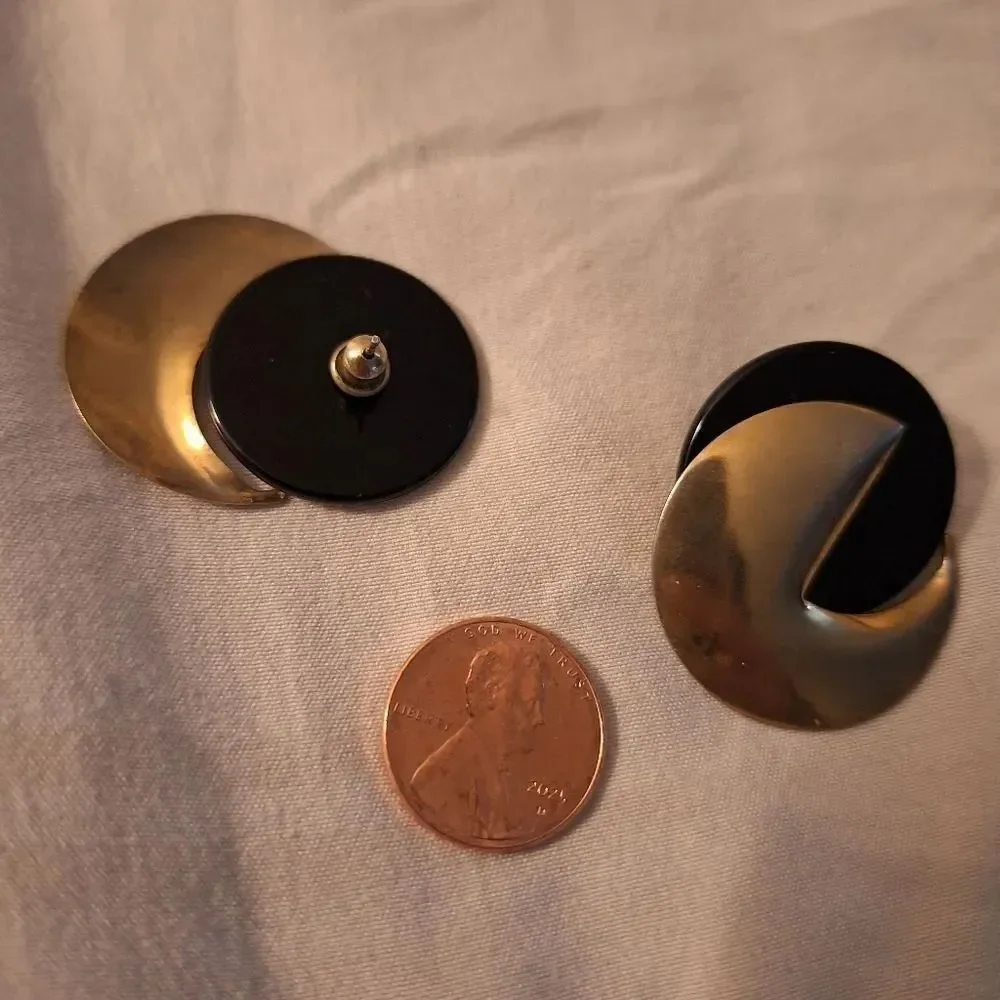 Gold Tone and Black Circular Earrings